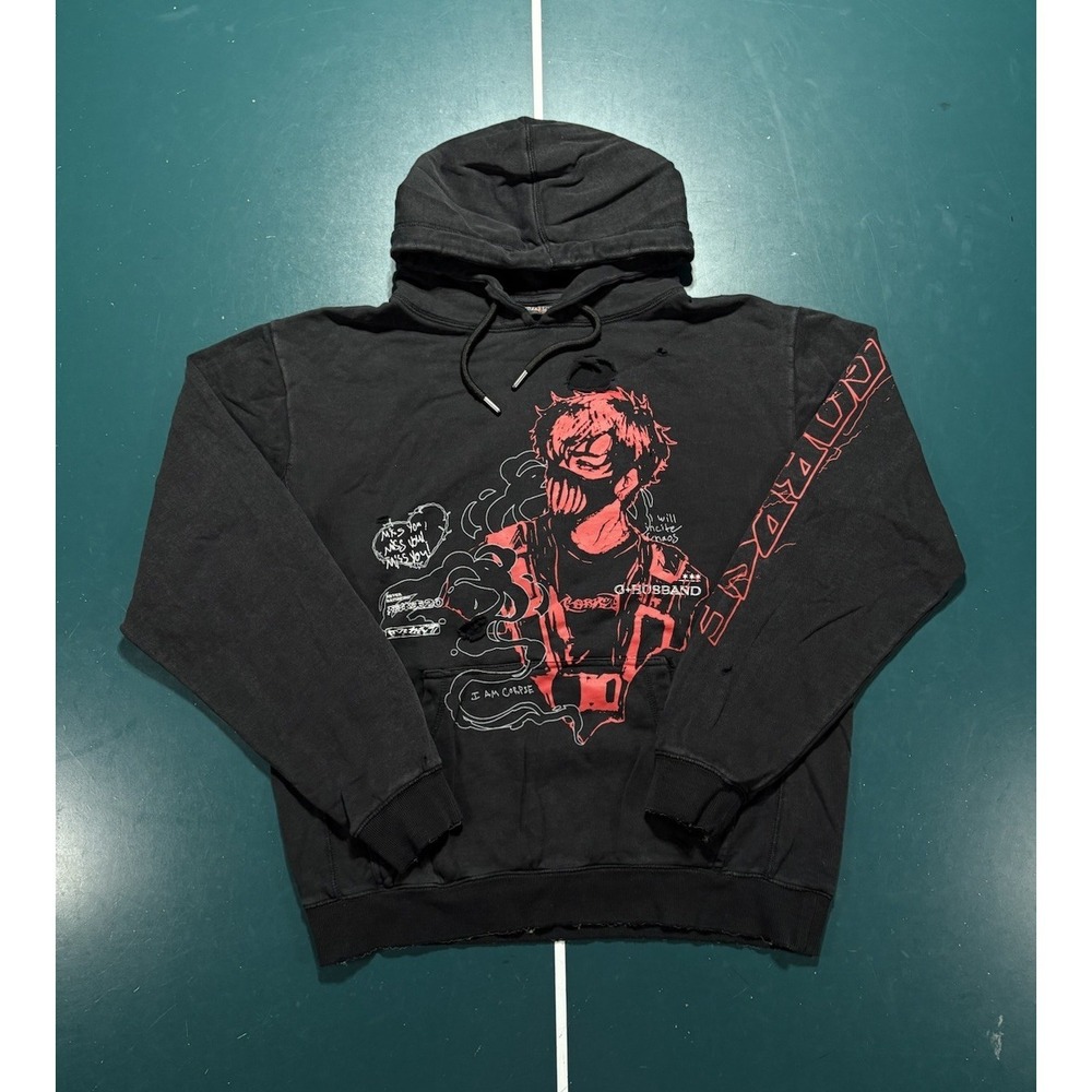 Corpse Husband Miss You Anime Graphic Pullover Hoodie Black Acid Wash Size Large